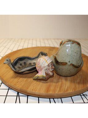 Set 3 Vtg Mexican Pottery Tonala Bird, Chalkware Bust & Studio Art Trinket Dish
